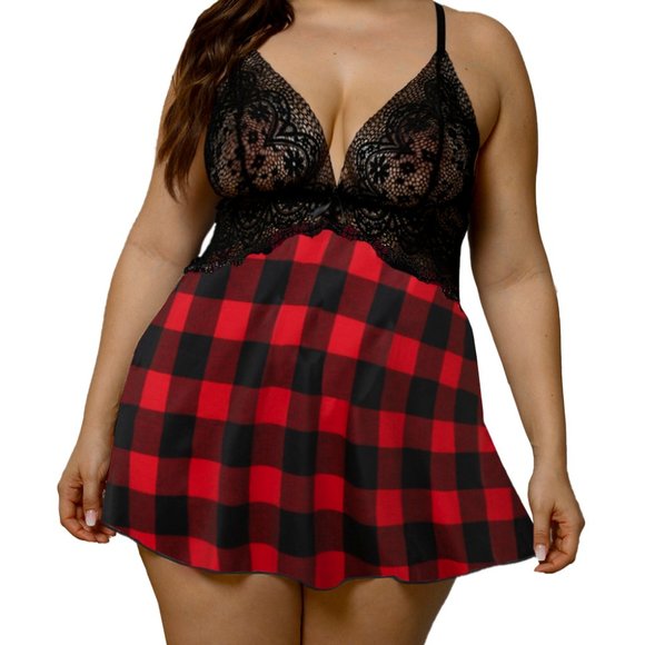 Black and Red Buffalo Plaid Lace Bra Splicing Floral Babydoll Lingerie - Picture 3 of 10